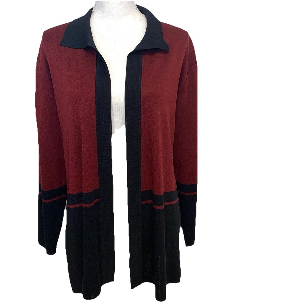 Misook Open Rib Knit Cardigan Maroon Black Long Sleeve Medium Business Casual